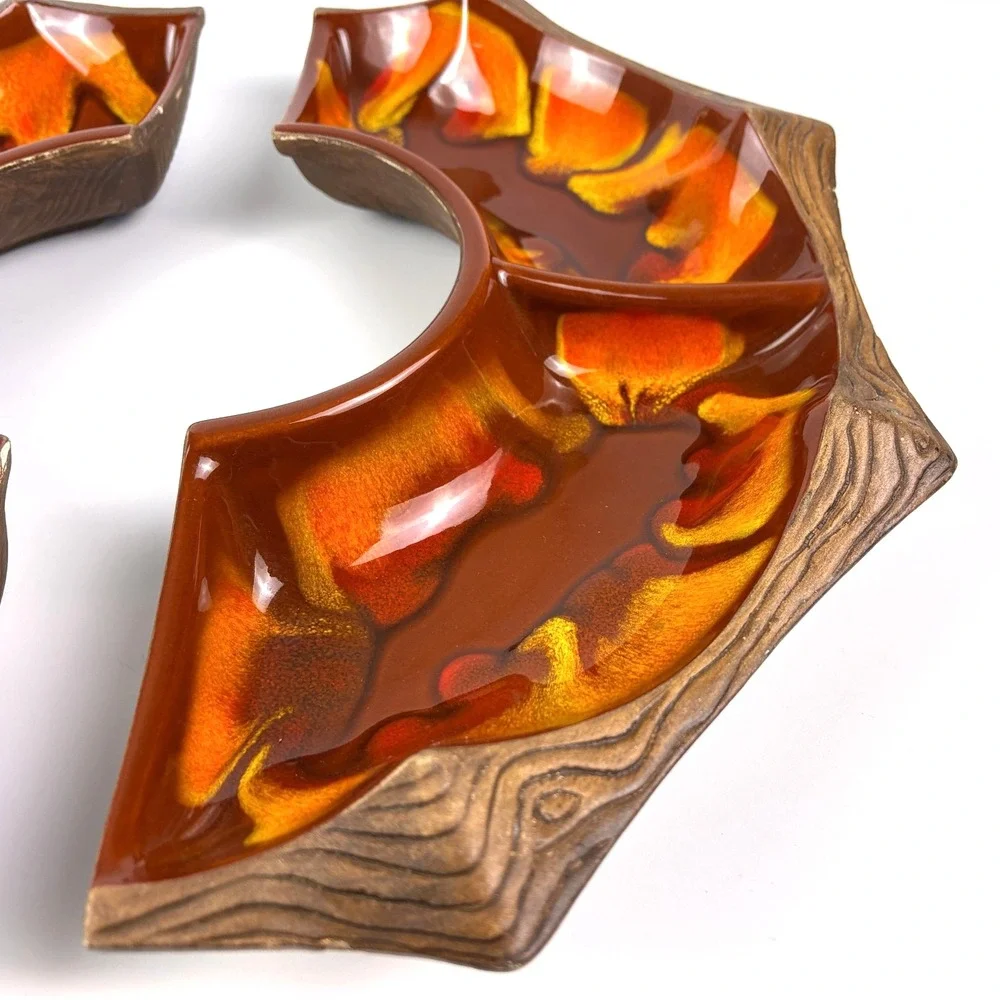 VTG MCM California Pottery Sequoia Ware 4 pc Condiment‎ Relish Chip Dip Set Lava